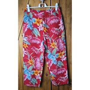 Chico's 1 Hawaiian Print Cargo Cropped Pants 30x24 Linen-Like Resort Cruise #622